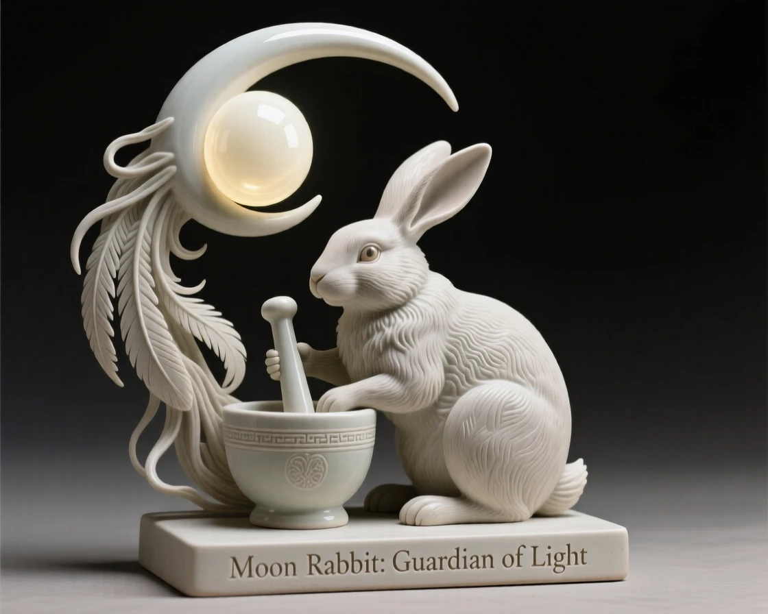 A moon rabbit pounding a mortar under a crescent moon coiled protectively around a glowing orb, with delicate feathers trailing like ribbons, filling the scene with mysterious, otherworldly beauty.