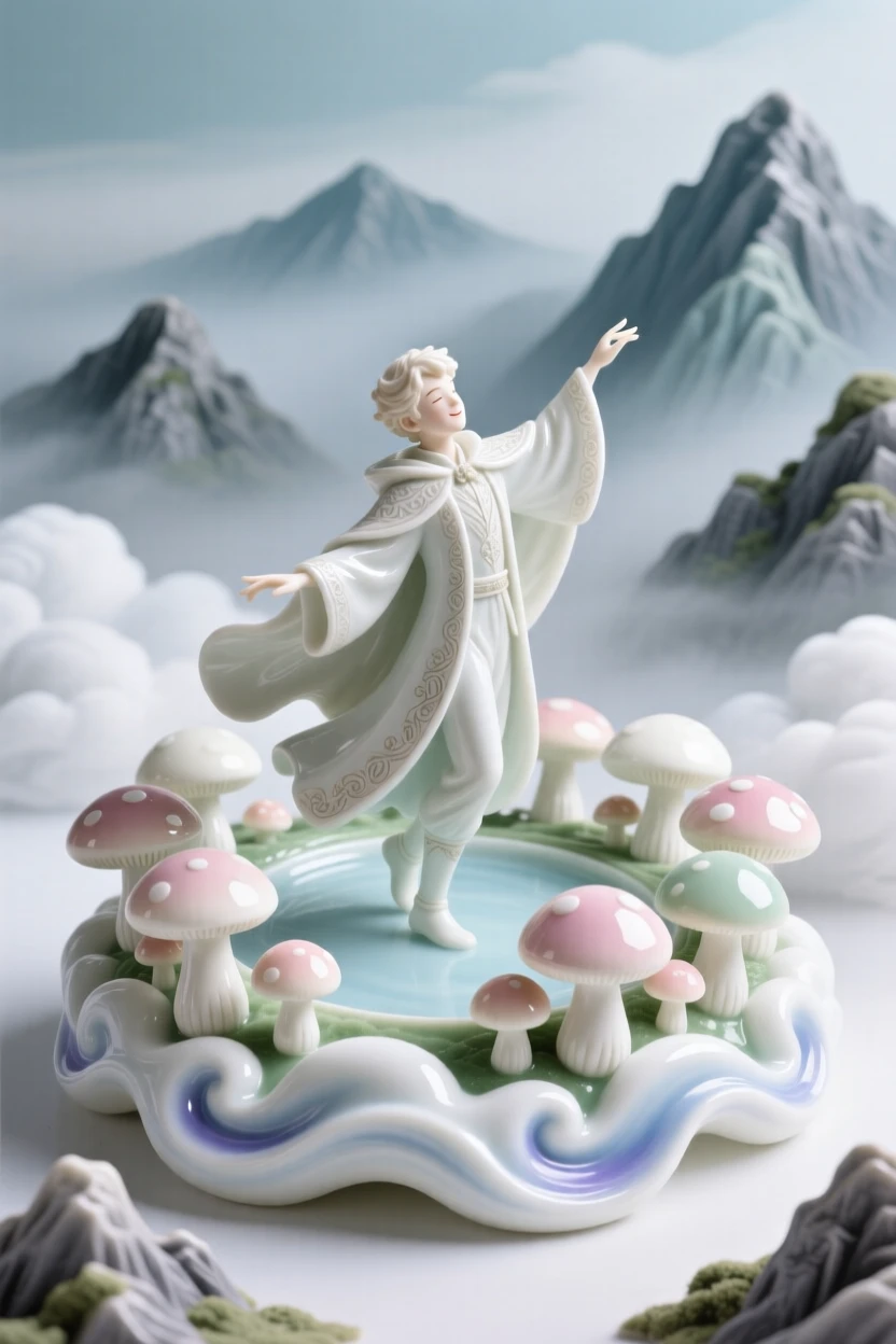 A whimsical scene of an enchanted prince dancing in a ring of toadstools in a cloud kingdom above the mountains.