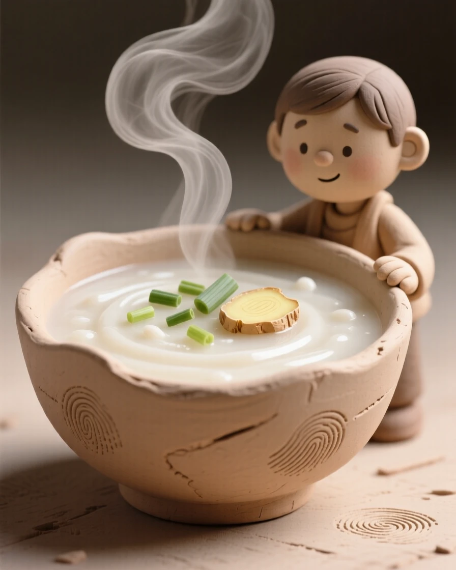A steaming bowl of congee garnished with scallions and ginger