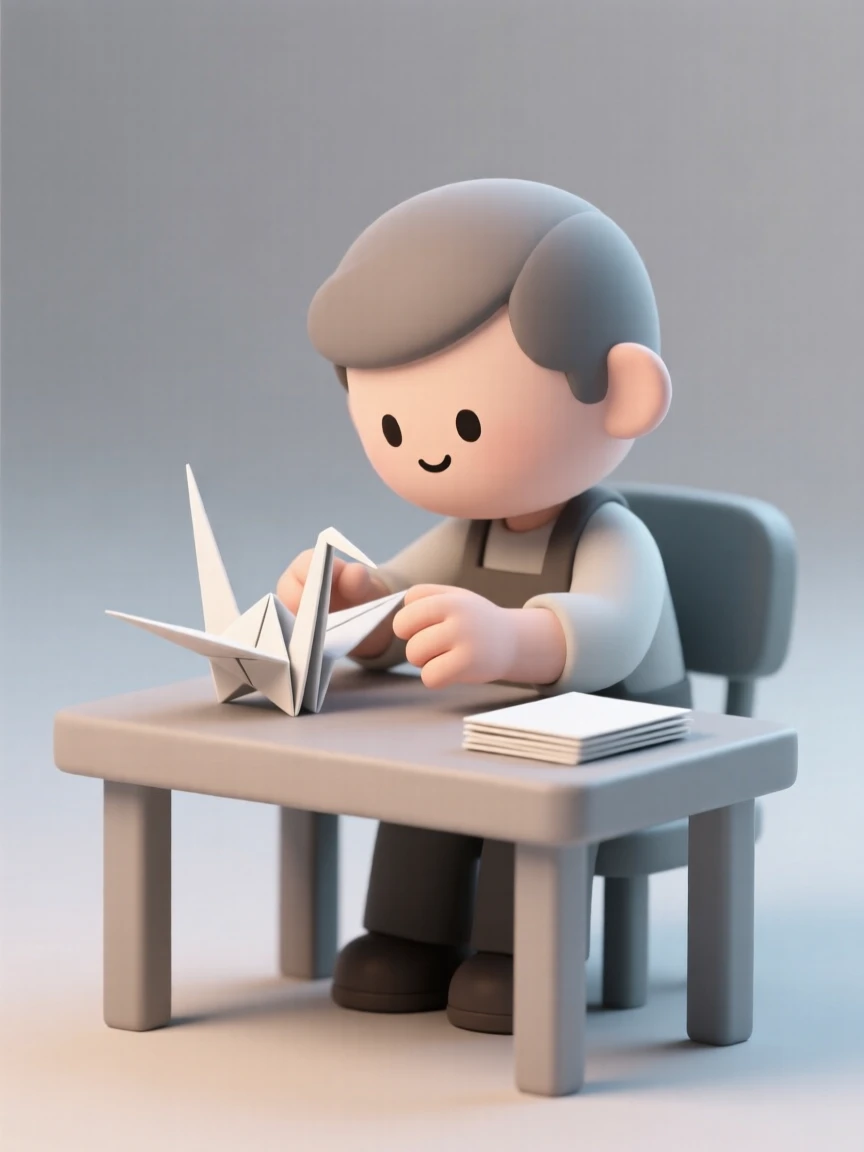 A focused origami artist folds a delicate paper crane with careful, precise creases at a quiet desk.