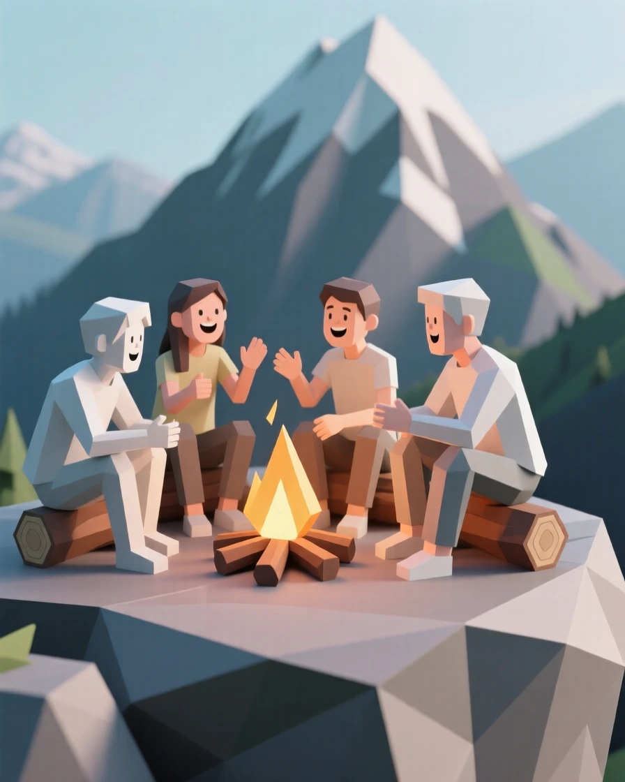 A group of friends laughing together by a campfire, atop a mountain overlook. a shallow depth of field keeps focus on the subject's face. The moment feels full of hope and possibility.