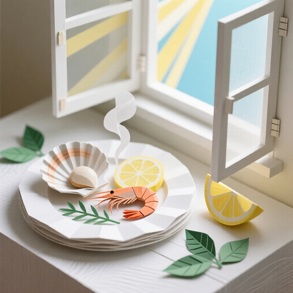 An elegant plated seafood dish arranged beside a sunlit window, with steam rising gently into soft light, conveying fresh, wholesome appeal.