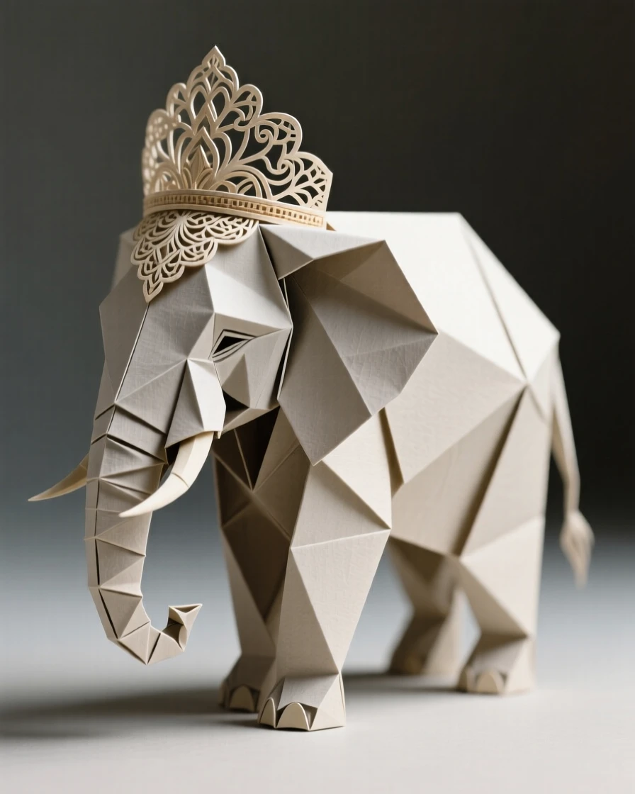 A stylized elephant adorned with an ornate decorative headpiece design.