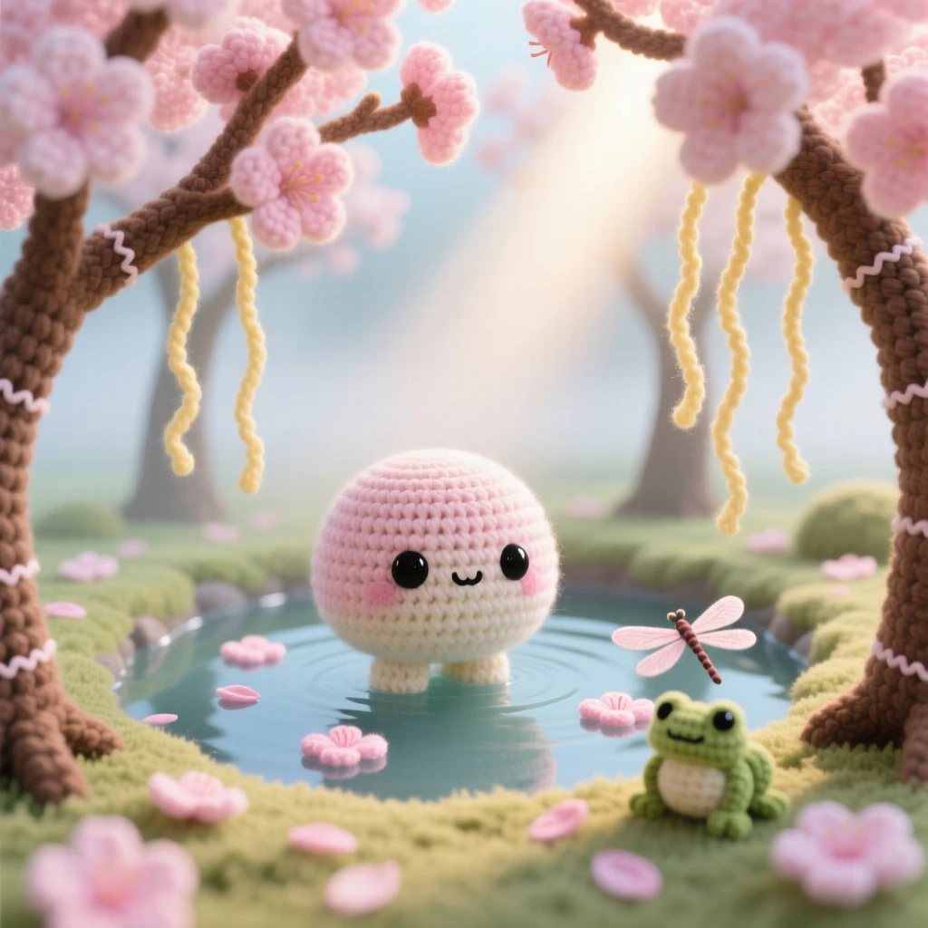 A picturesque scene featuring a small hidden pond ringed by weeping cherry trees, with petals drifting on the water, glowing softly in the morning light under a canopy of soft morning mist, accompanied by a soft beam of light breaking through the trees, capturing peaceful, untouched natural beauty.
