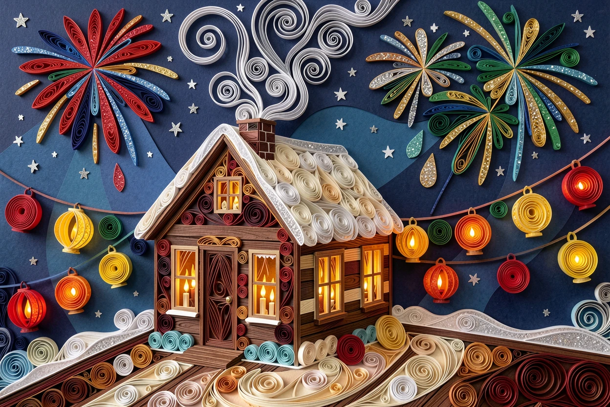 a cozy winter cabin with smoke curling from the chimney, on a rooftop overlooking a fireworks-lit skyline, framed by strings of glowing lanterns, with soft candlelight flickering throughout the scene.
