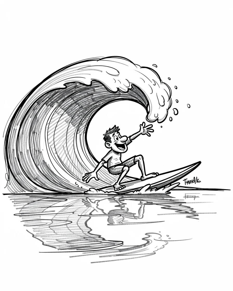 A surfer riding a curling ocean wave across a calm morning lake.