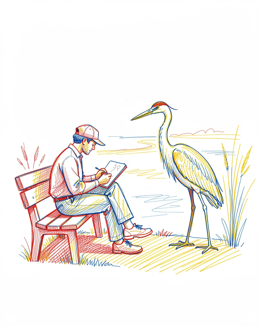 A birdwatcher sketching a heron from a quiet riverside bench