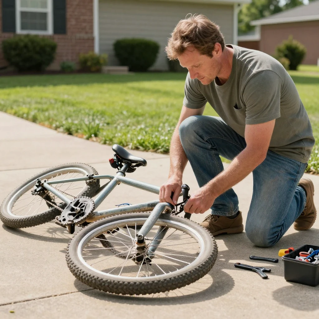 A father fixing a bicycle chain in the driveway