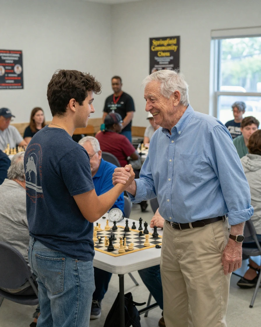 A senior citizen wins a local chess tournament and shakes hands with a much younger opponent.