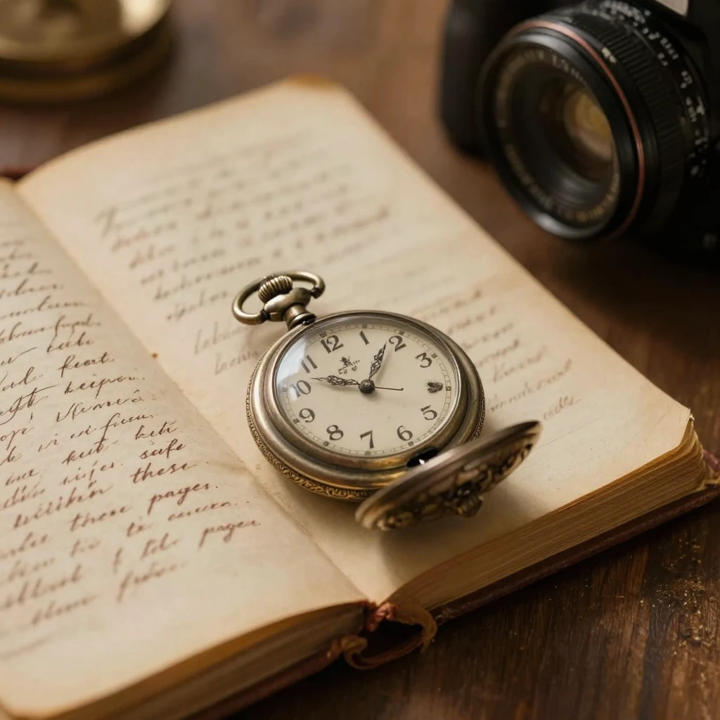 A weathered pocket watch found tucked between the pages of a diary, quietly telling its own small story