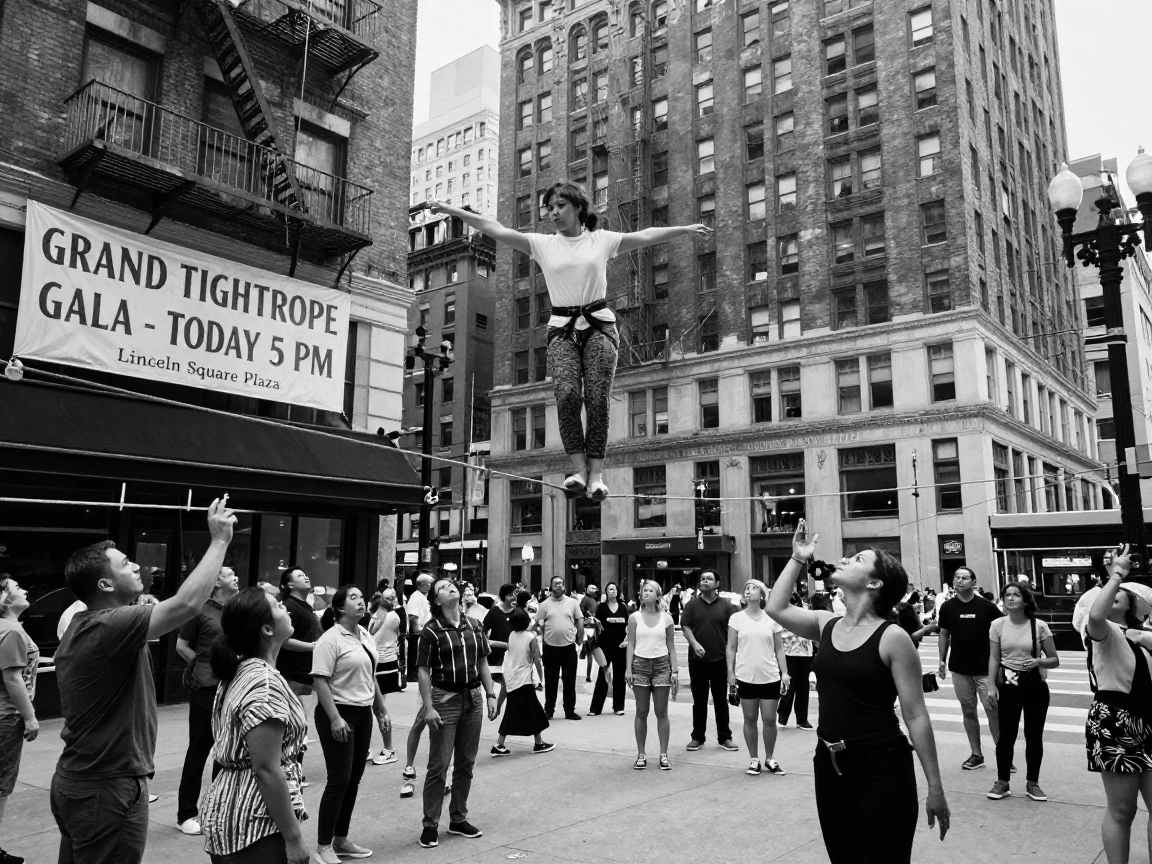 A tightrope walker balances high above a city street above a crowded plaza.