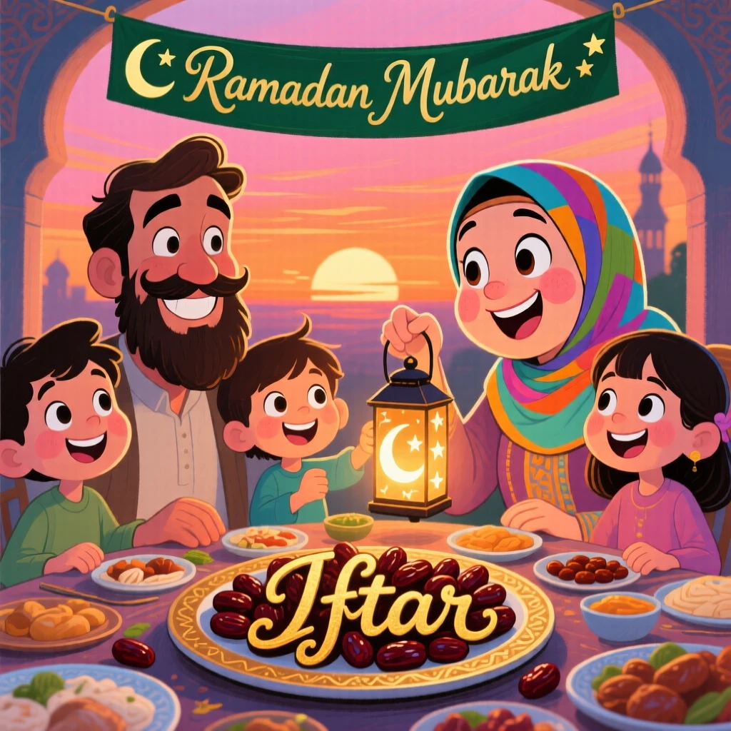 A family celebrating Ramadan, gathering for a peaceful iftar meal at sunset.