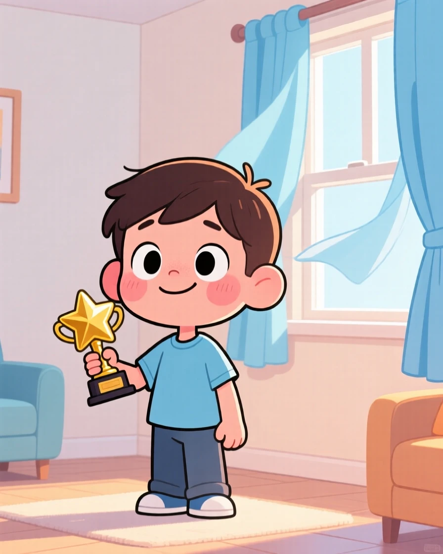 A heartwarming moment depicting a shy little boy smiling proudly after overcoming a challenge, as a gentle breeze stirs nearby curtains.