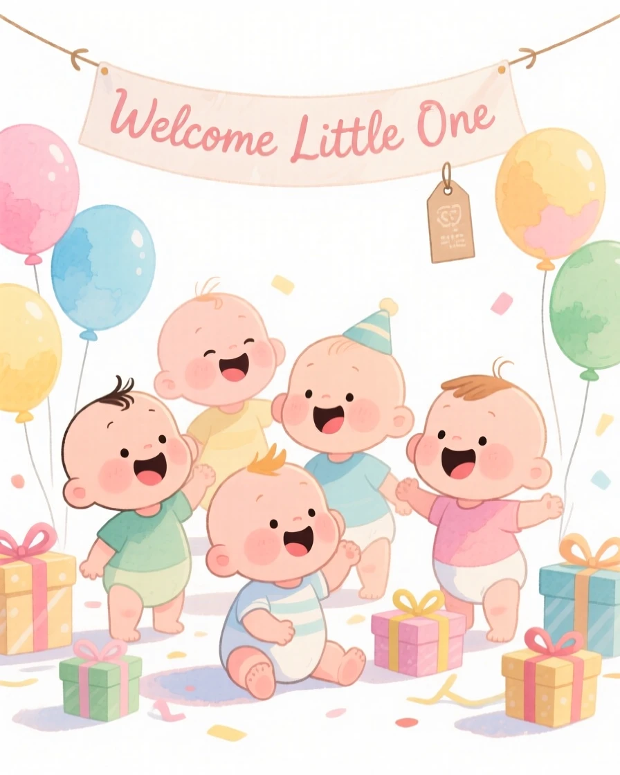 A joyful celebration scene of a baby shower with pastel balloons and tiny gifts, glowing with soft festive light