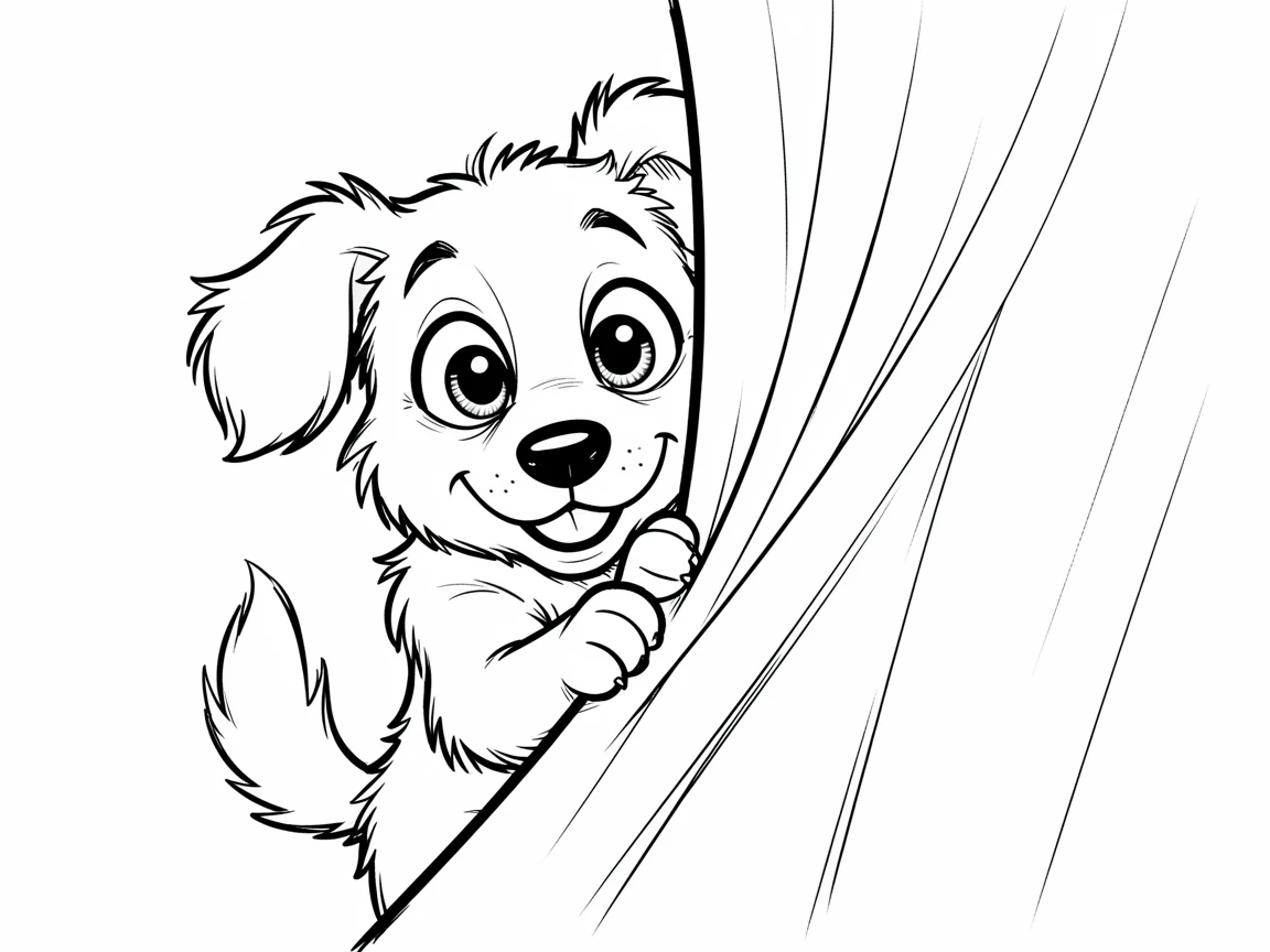 [Cute Animals & Pets] Adorable scene of a wide-eyed puppy hiding behind a curtain, bursting with charm and playful energy