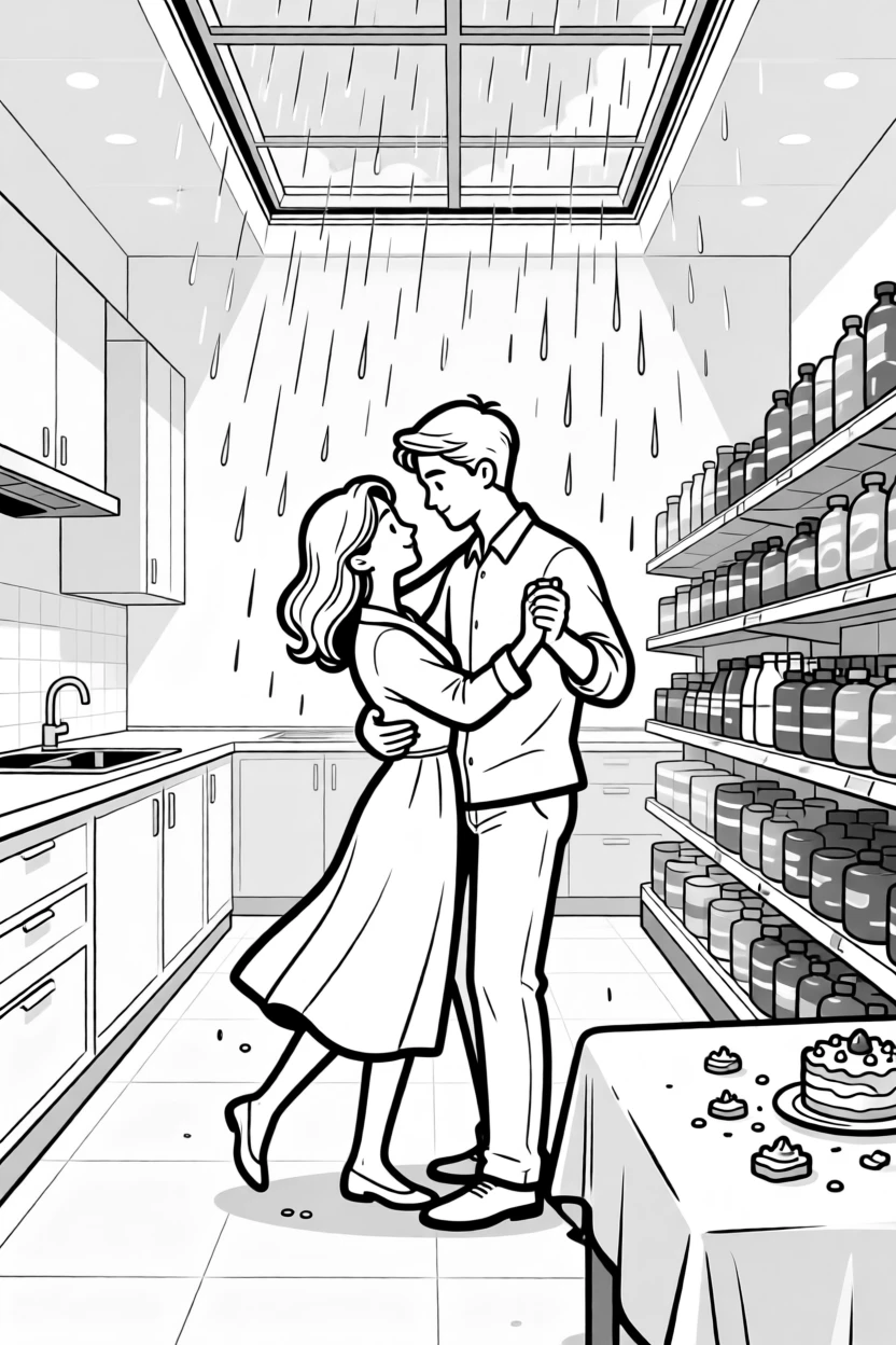 Two people slow dancing in a nearly empty kitchen, twirling each other under the pouring rain, set in a bright, busy supermarket aisle. Cake crumbs are scattered across the tablecloth. The scene feels like a love story told through small moments.