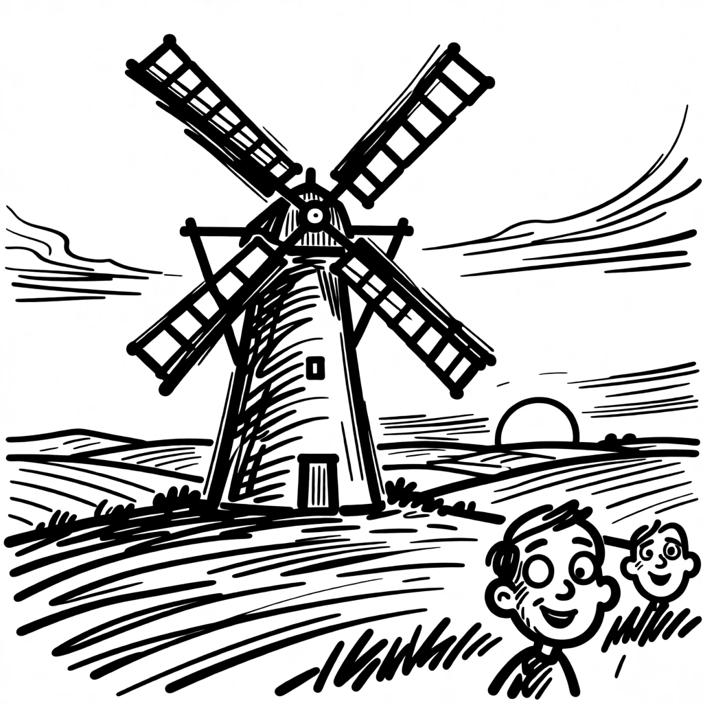 A windmill turning slowly over a vast golden countryside at sunset.