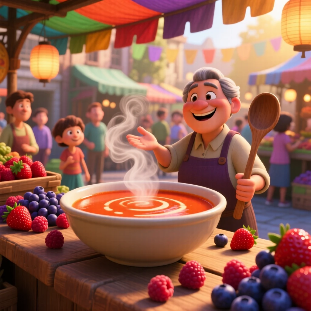 A bowl of creamy tomato bisque sits at a bustling street food market stall, surrounded by scattered fresh berries. A cheerful, mouthwatering warmth surrounds the dish.