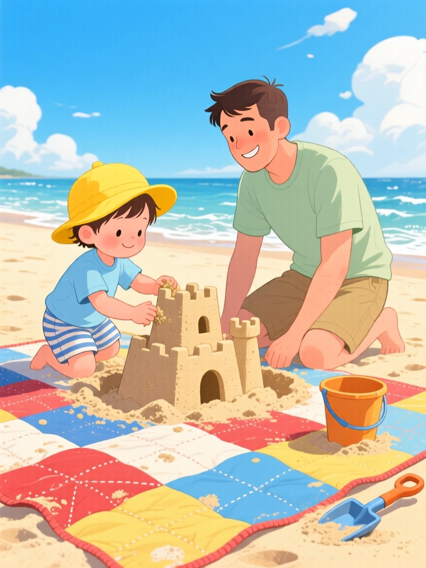 With his father close by, a toddler in a sunhat is building a sandcastle at the beach, with a homemade quilt spread beneath them.