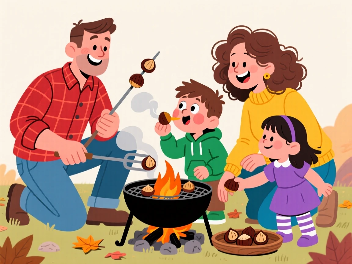 A family roasting chestnuts over a small charcoal brazier.