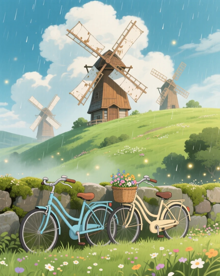 A cluster of windmills turning slowly on a green hill, with bicycles leaning against a low stone wall, during a light spring shower.