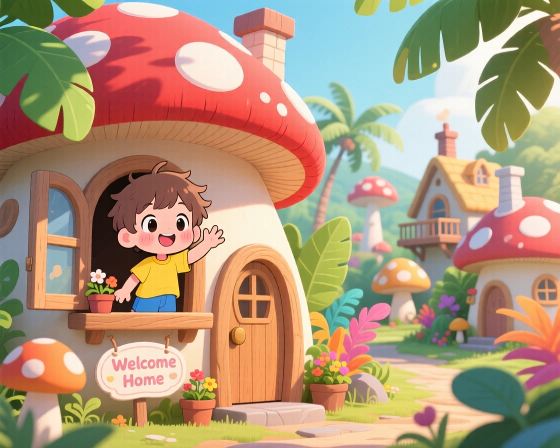 Full-body shot: a small child, waving from a window of a mushroom-shaped cottage, set against a whimsical fungal village on a warm tropical afternoon, with warm morning light filtering through leaves and a mood of quiet contentment.