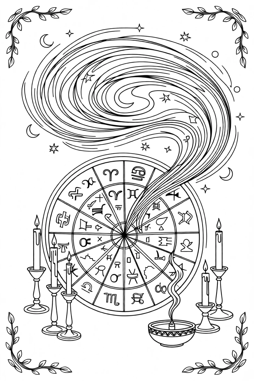 An astrology chart surrounded by candles and incense smoke, with a swirl of magical energy crackling in the air.