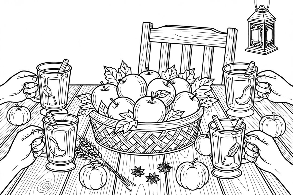 A Thanksgiving apple cider toast scene around a rustic wooden table.