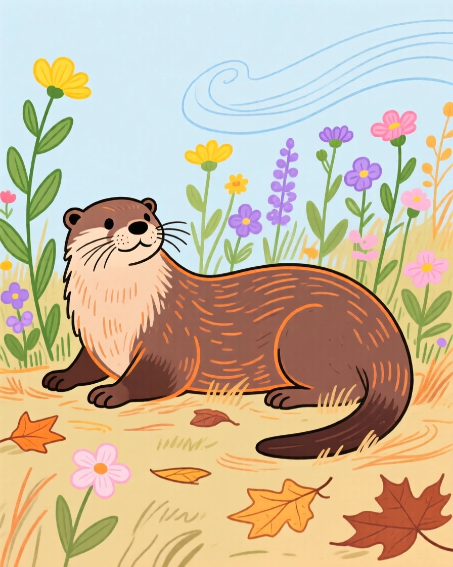 A playful otter resting near a wildflower field on a crisp autumn day.