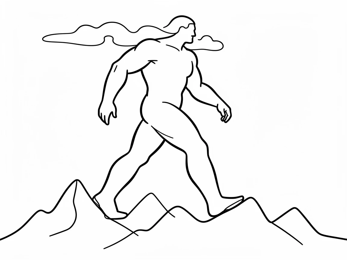 A titan striding across a mountain range with clouds at its shoulders