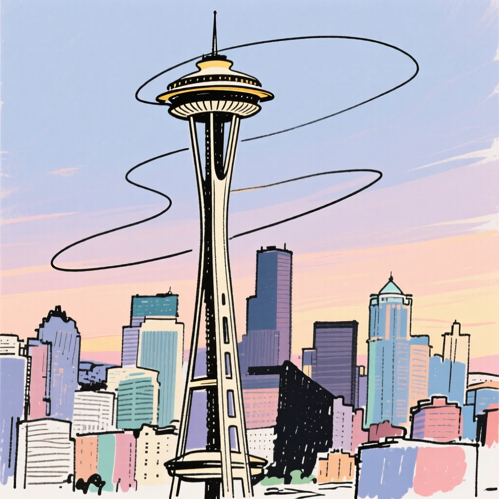 The Space Needle rising above a city skyline at twilight.