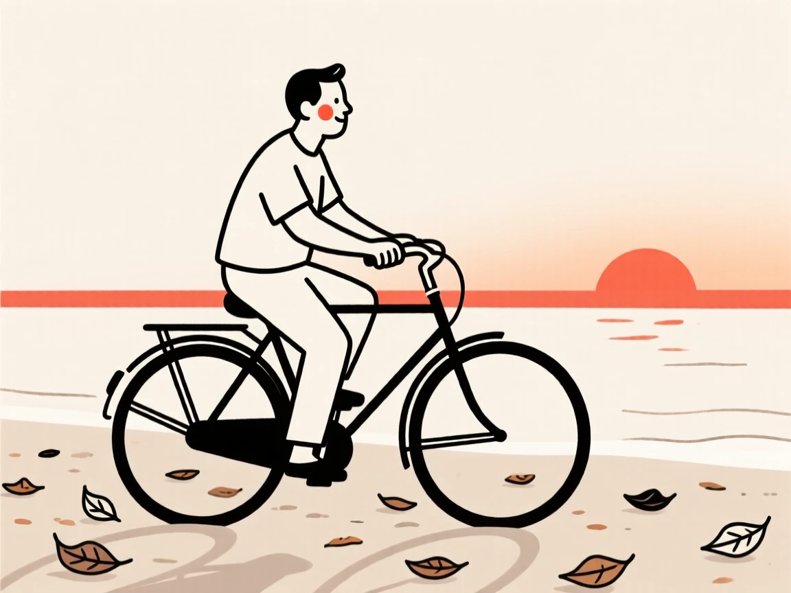 A father of Cuban heritage riding a bicycle through fallen leaves, on a sandy beach at sunset.