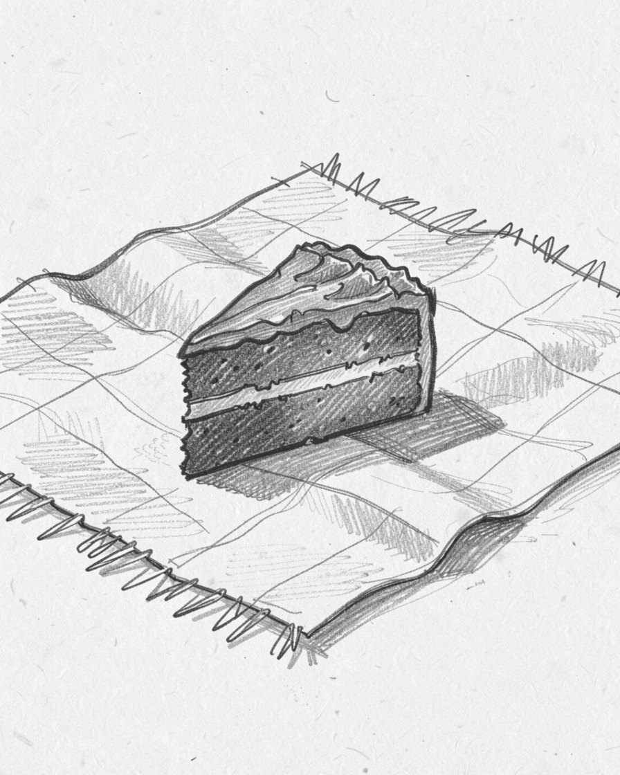 A cozy food scene featuring a slice of decadent chocolate cake on a weathered picnic blanket, with soft natural light highlighting every texture.