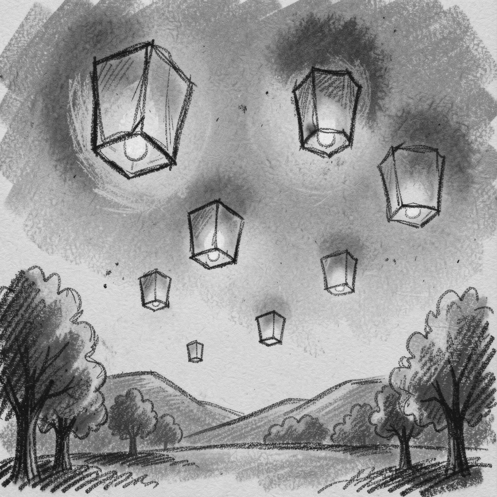 A lantern festival lighting up a night sky, on a quiet, peaceful afternoon.