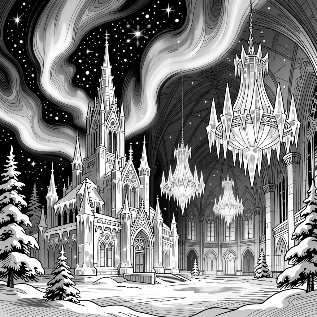 A magical winter palace with icicle chandeliers glowing under aurora light.