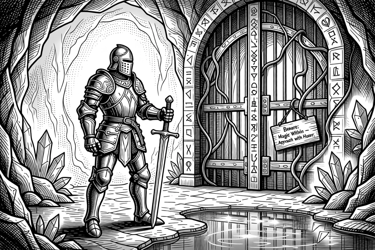 A knight standing before an enchanted gate deep within a glowing underground cavern, with reflections of starlight scattered across water, forming a serene yet powerful fantasy scene.