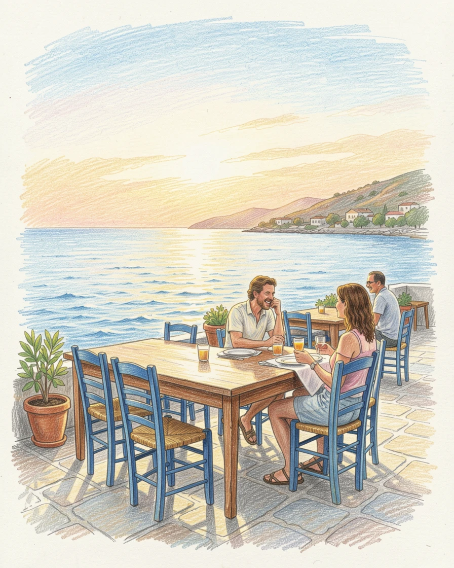 A Greek seaside taverna with blue chairs overlooking the water, bathed in the warm glow of golden-hour light, celebrating a moment people would love to revisit.