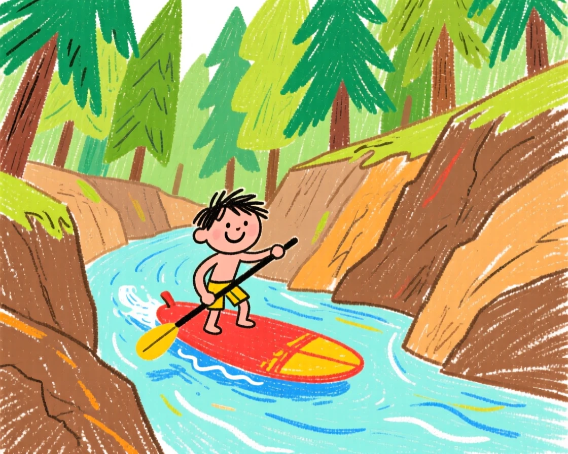 A lone surfer paddling through a quiet forested canyon.