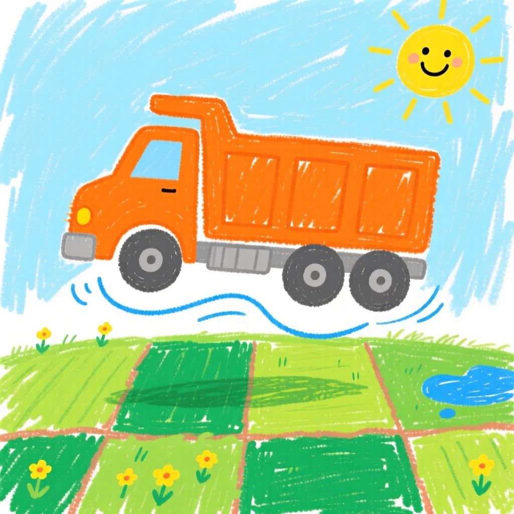 A bright orange dump truck floating above a patchwork of green fields.