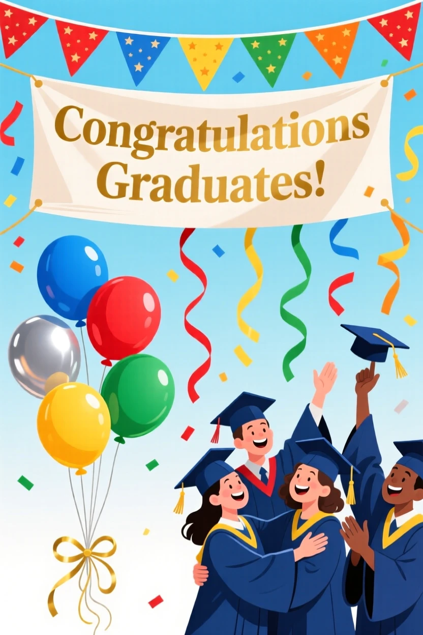 A festive graduation party with a banner and balloon bouquet, set against a backdrop of colorful bunting and streamers, composed with a lively sense of togetherness and joy, with a joyful sense of togetherness and celebration.