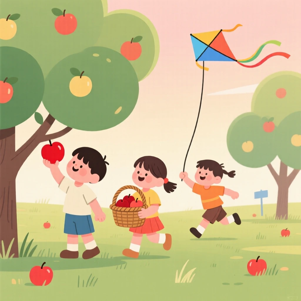 A summer scene of children playing in an orchard.