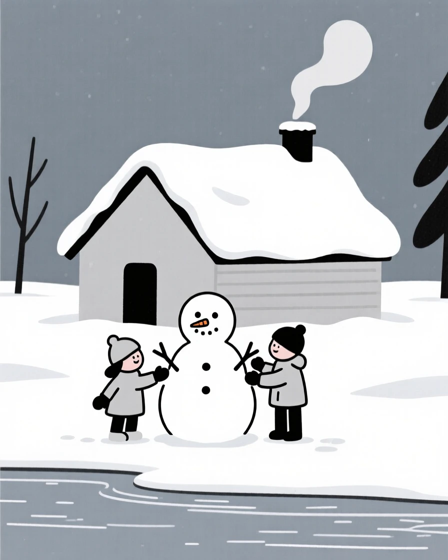 A lakeside cabin, transformed by first snowfall of winter, with children building a snowman scattered throughout, captures crisp freshness.