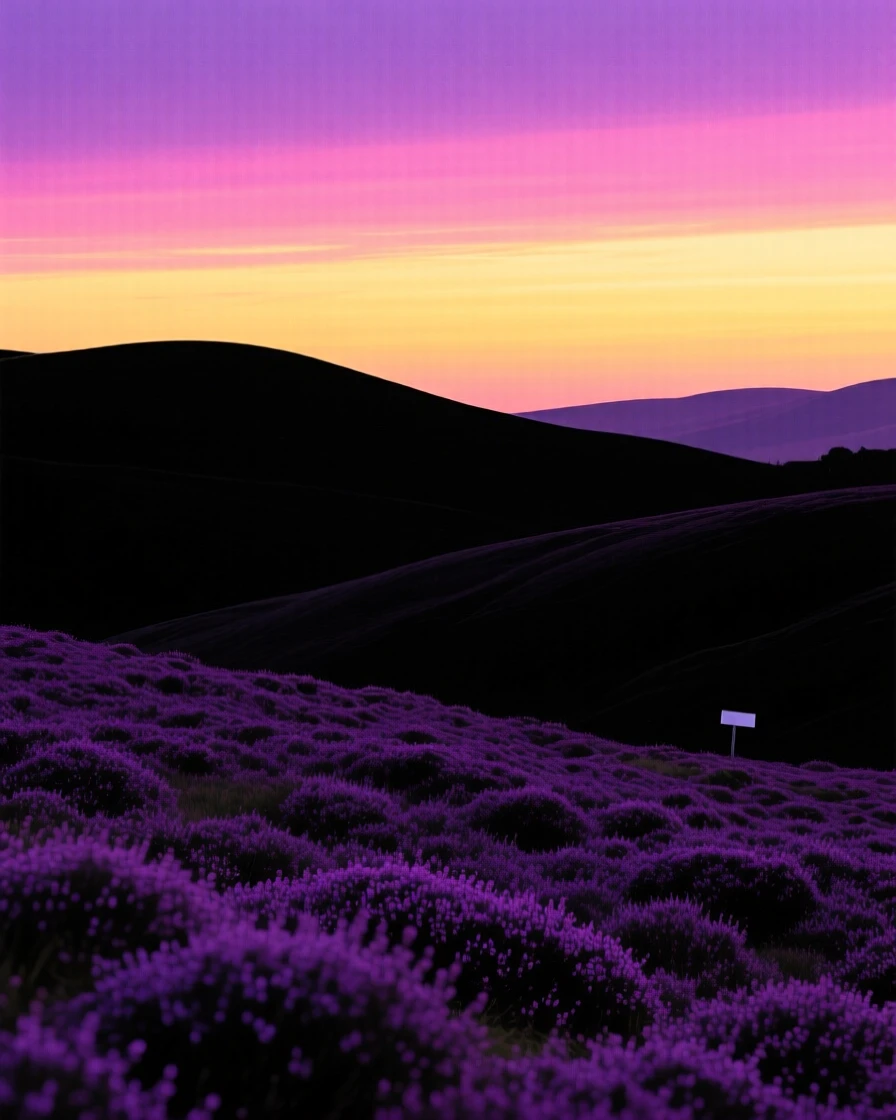 A wide field of purple heather stretching across rolling Scottish hills.