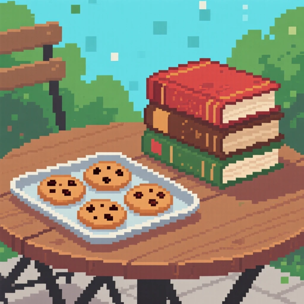 A tray of fresh-baked cookies resting beside a stack of old cookbooks, at an outdoor café table.