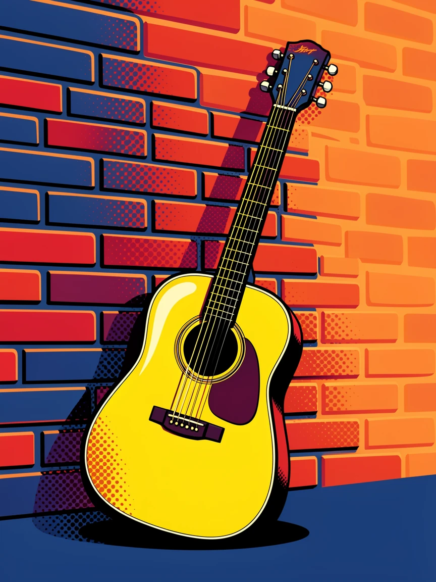 A classic acoustic guitar leaning against a brick wall