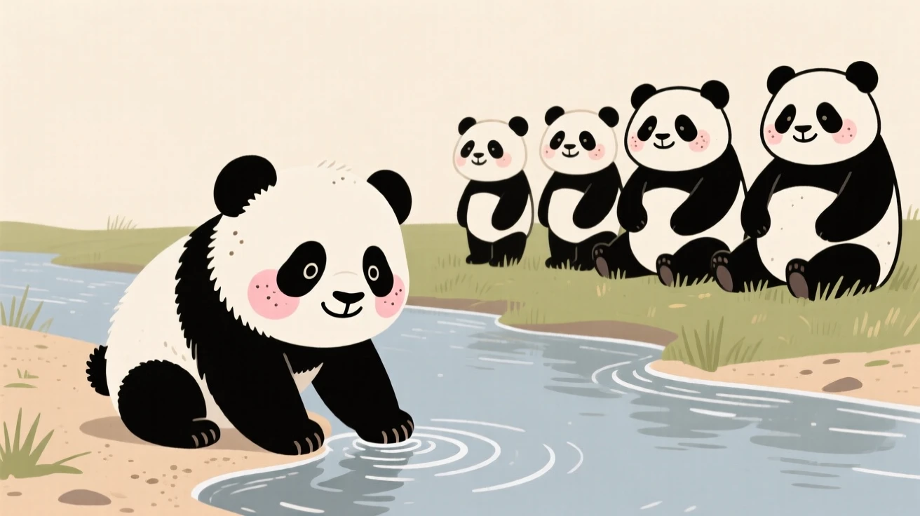 A young panda cub explores a riverbank for the first time, testing the water with one paw while a nearby herd watches with gentle patience.