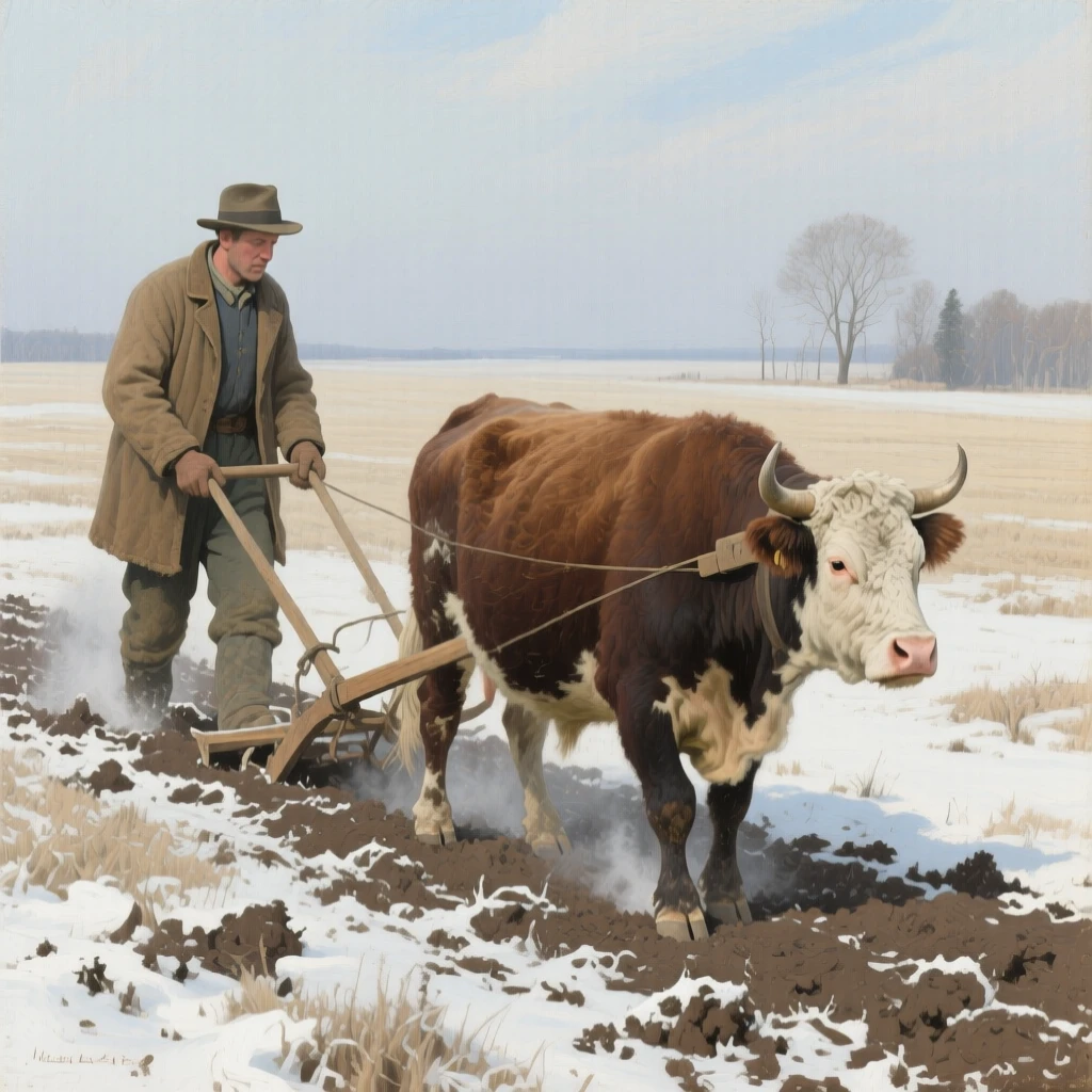 A wide establishing shot of a farmer plowing a field behind two sturdy oxen, in the 1950s, in the quiet stillness of midwinter.
