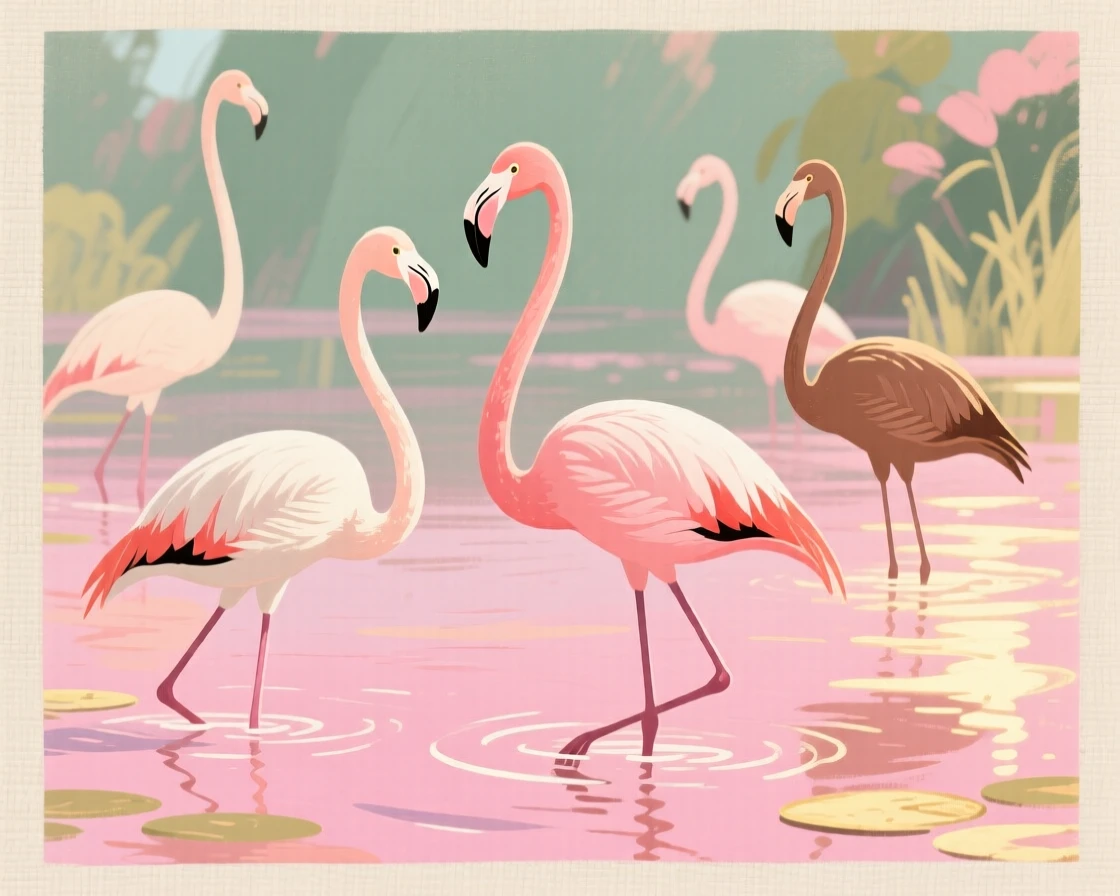 A flock of flamingos wading through a shallow pink lagoon