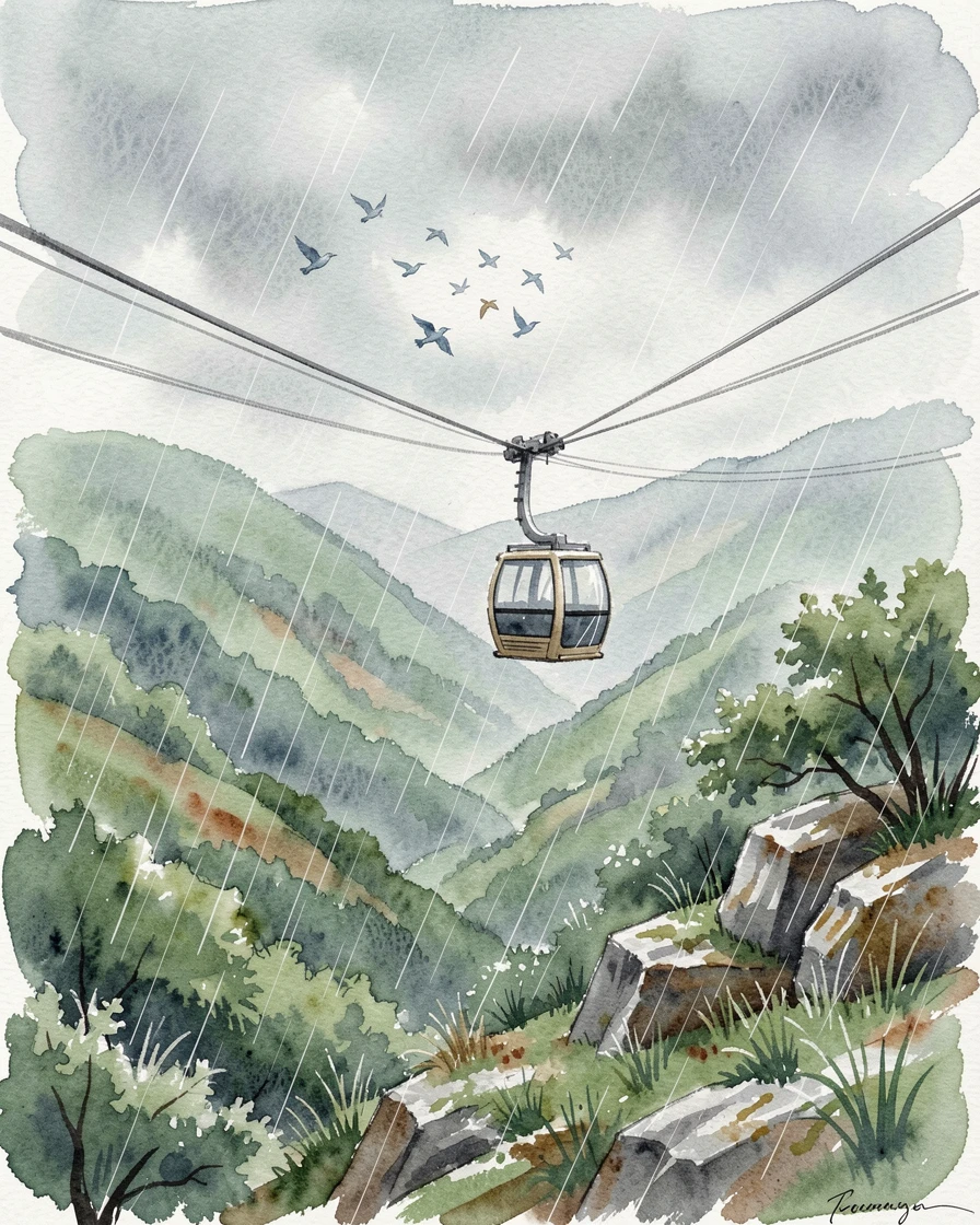 A cable car crossing above a green valley in gentle rain with birds circling overhead.