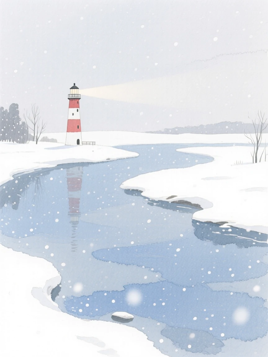 A breathtaking view of a quiet river bend during a gentle snowfall, with a distant lighthouse visible on the shore